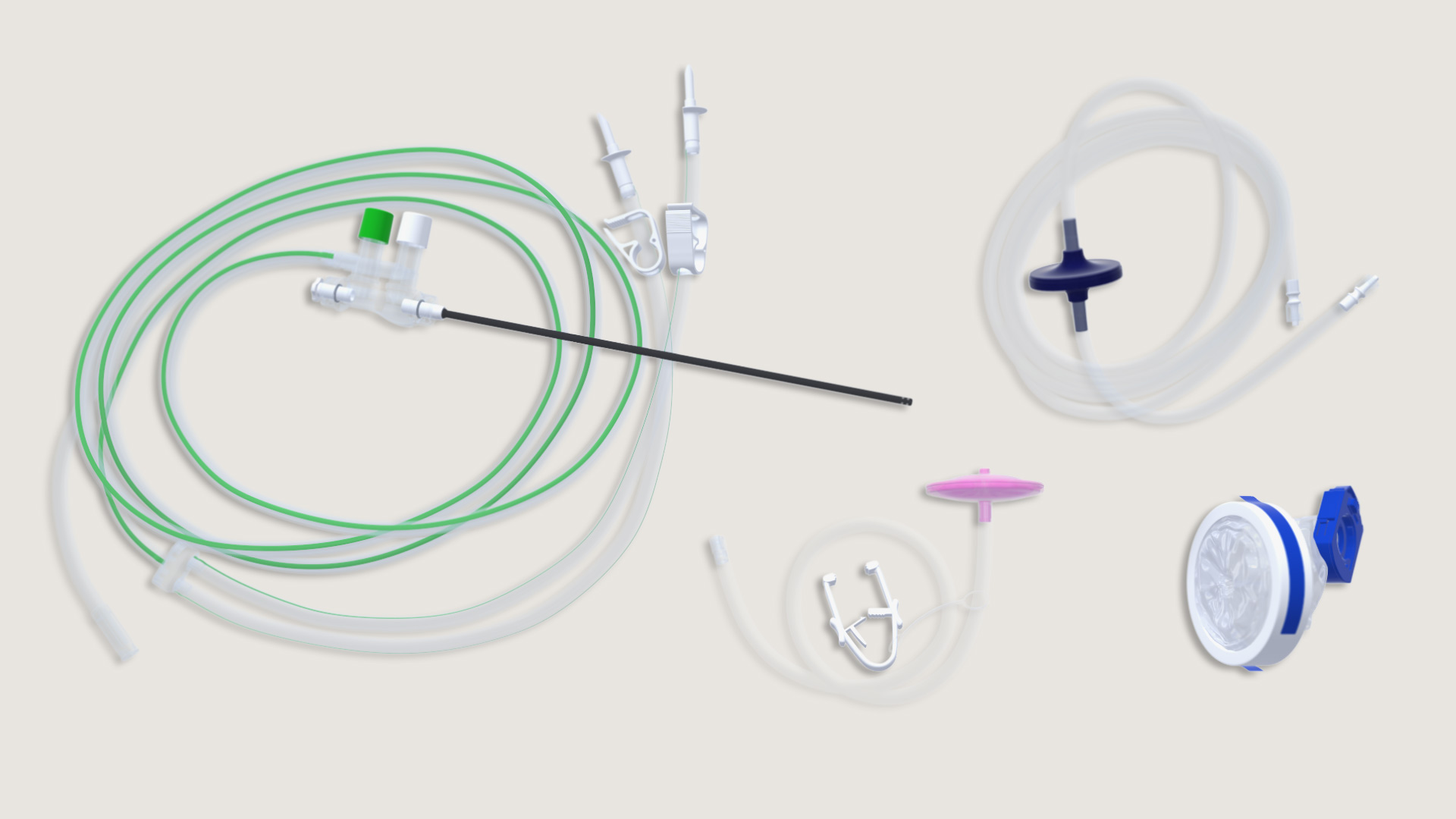 collection of laparoscopic pack components: camera cover, insufflation tube, smoke filter