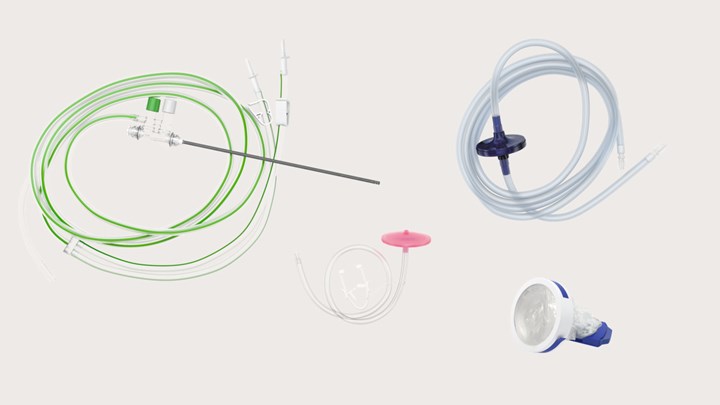 collection of laparoscopic pack components: camera cover, insufflation tube, smoke filter